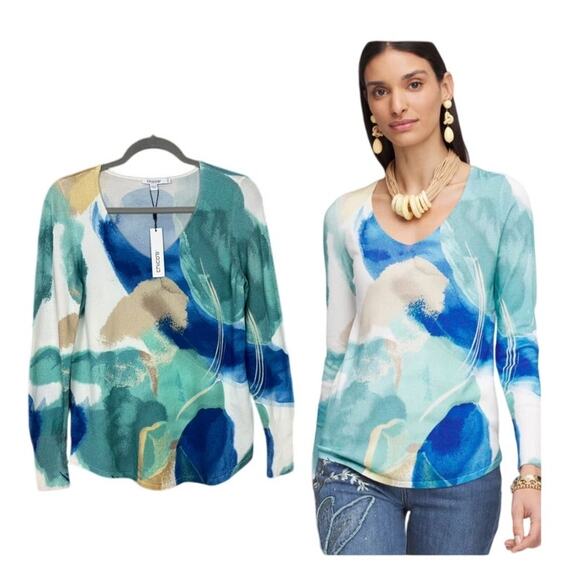 Chicos Pullover V-Neck Sweater Long Sleeve Blue Green Size 0 / US Small NWT - Picture 1 of 6